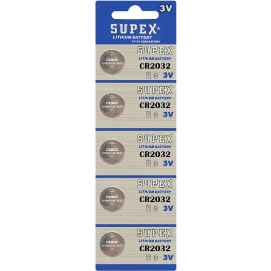 Supex Pil Düğme 3V 2032 Lityum 5'li Paket Supex CR-2032