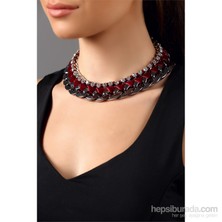 Olivin Accesories Zincir Tasarımlı Taşlı Bordo Kolye 330021