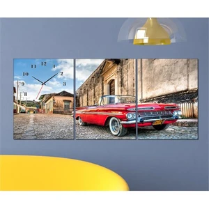- Classic Car 3 Parçalı Canvas Tablo Saat - 96X40cm