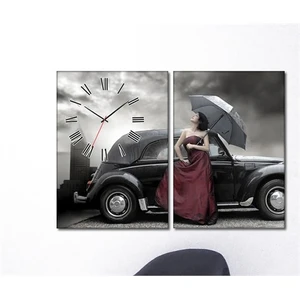 - Car & Women 2 Parçalı Canvas Tablo Saat - 63X40cm