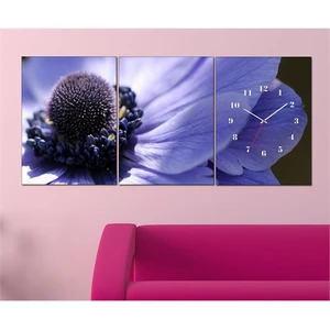 - Purple Flower 3 Parçalı Canvas Tablo Saat - 96X40cm