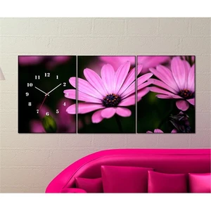 - Pink Flowers 3 Parçalı Canvas Tablo Saat - 96X40cm