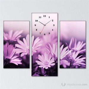 - Purple Flowers 3 Parçalı Simetrik Canvas Tablo Saat - 80X60cm