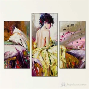 -Alone Women 3 Parçalı Simetrik Canvas Tablo Saat - 80X60cm