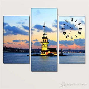 - Kız Kulesi 3 Parçalı Simetrik Canvas Tablo Saat - 80X60cm