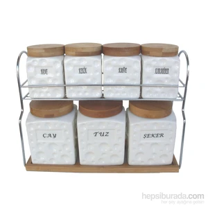 Porselen Ahşap Askılı Standtlı 7 Li Porselen Baharat Takımı