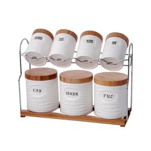 Porselen Ahşap Askılı Standtlı 7 Li Porselen Baharat Takımı