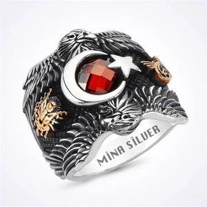 Mina Silver Çift Kartal Ayyıldız Gümüş Taşlı Gümüş Erkek Yüzük