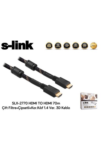 S-Link Slx-2770 Hdmı To Hdmı 70M Çift Filtre+Çipsetli+Kor.Kılıf 1.4 Ver. 3D Kablo