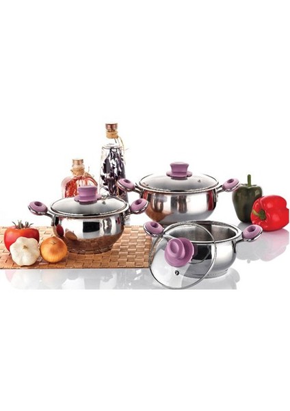 Begonya 6 Parça Milenyum Lila Cam Kapaklı Tencere Seti (14cm-16cm-18cm)