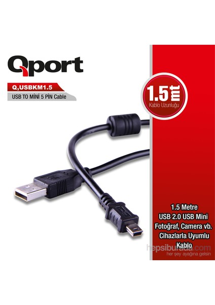 1.5 M 5Pin USB 2.0  Kamera Şarj+Data Kablosu (Q-USBKM1.5)