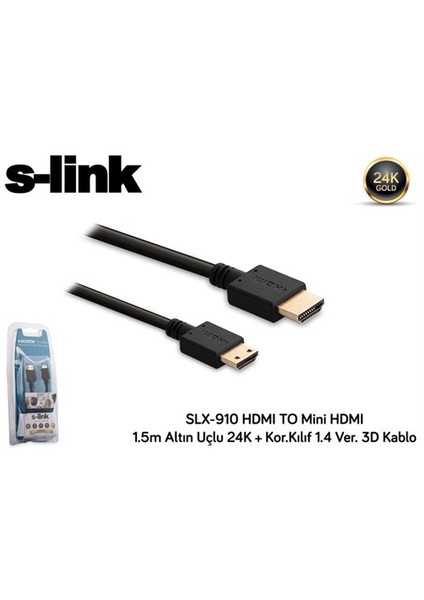 Slx-910 Hdmı To Mini Hdmı 1.5M Altın Uçlu 24K + Kor.Kılıf 1.4 Ver. 3D Kablo