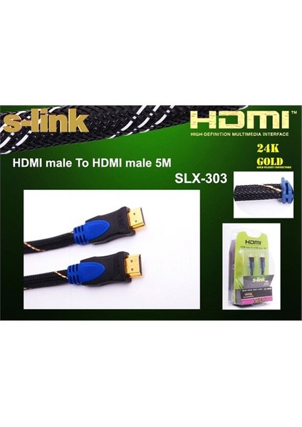 Slx-303 Hdmı M/M 5M Altın Uçlu 24K + Kor.Kılıf 1.4 Ver. 3D Kablo