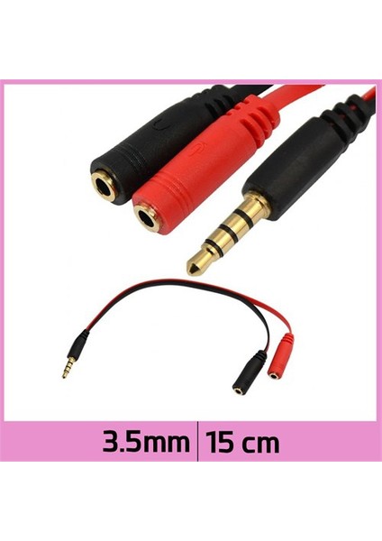 3.5Mm 4 Kutuplu 3 Halka 2X3.5Mm Jack Trrs Mikrofon+Ses Kablosu - 15Cm