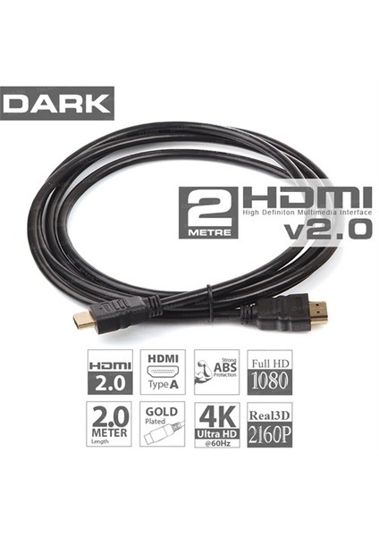 HDMI v2.0 2m Real 4K (4096x2160) 60Hz Ethernet (ULTRA HD - 3D) Altın Uçlu Kablo (DK-HD-CV20L200)