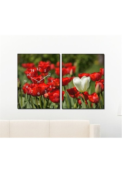 - Red Tulips 2 Parçalı Canvas Tablo Saat - 63X40cm