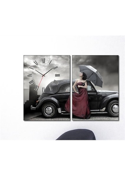 - Car & Women 2 Parçalı Canvas Tablo Saat - 63X40cm