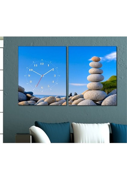 - Stone 2 Parçalı Canvas Tablo Saat - 63X40cm