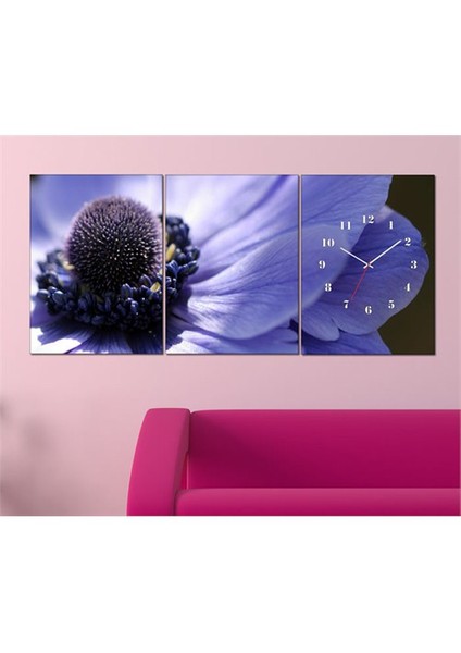 - Purple Flower 3 Parçalı Canvas Tablo Saat - 96X40cm