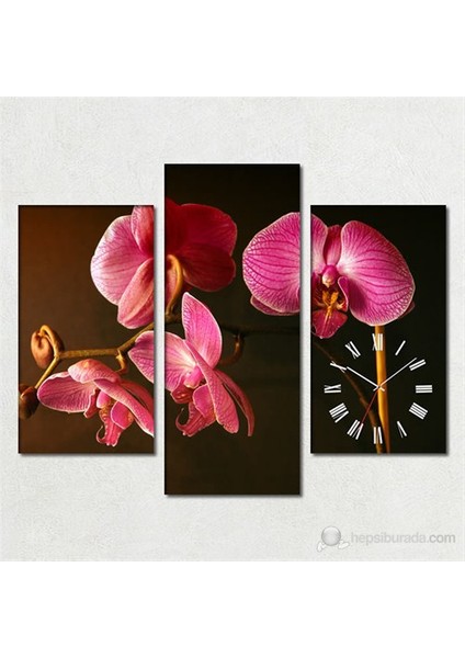 - Orkide 3 Parçalı Simetrik Canvas Tablo Saat - 80X60cm