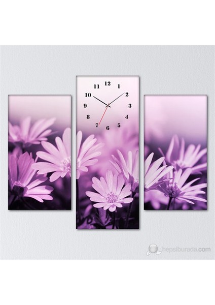 - Purple Flowers 3 Parçalı Simetrik Canvas Tablo Saat - 80X60cm