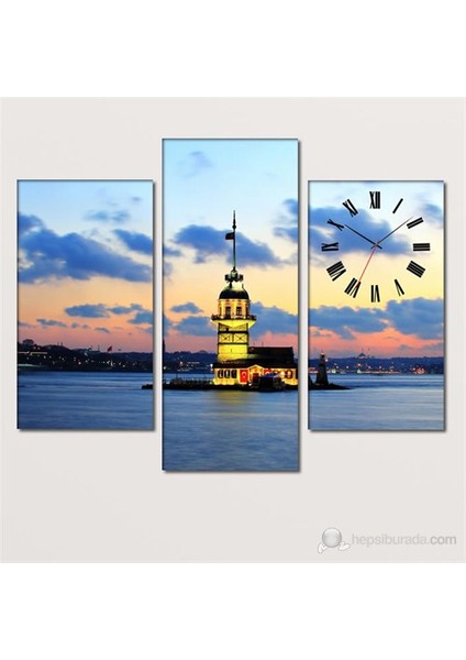 - Kız Kulesi 3 Parçalı Simetrik Canvas Tablo Saat - 80X60cm