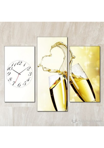 - Bottle Glass 3 Parçalı Simetrik Canvas Tablo Saat