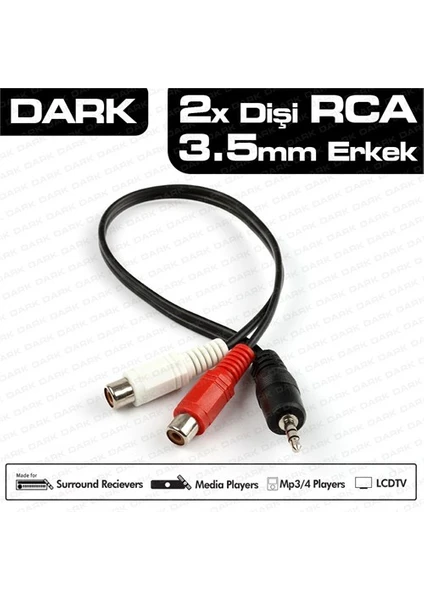 2 x RCA (Analog Ses) - 3.5mm Stereo Dönüştürücü (2 x RCA Erkek - 1 x 3.5mm Stereo Dişi) (DK-CB-AURCAX35)