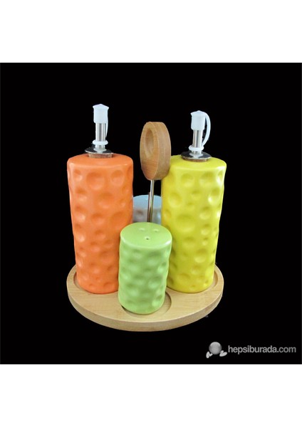 Porselen Ahşap Tepsili 4 Lü Renkli Porselen Yağlık Sirkelik Tuzluk Seti