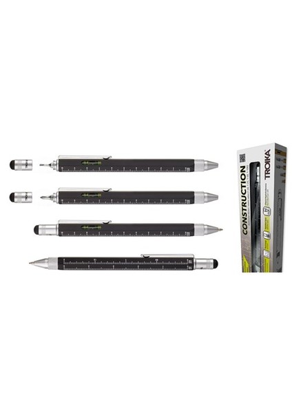 Pıp20/Bk Construction Su Terazili Stylus Tükenmez Kalem - Siyah cm Ve İnç Cinsinden 2 Ayrı Cetvel,Touch Tepe, Tornavida