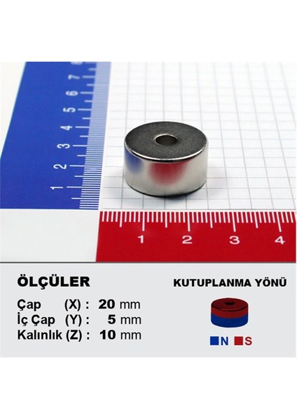 Mıknatıs Avm Delikli Neodyum Güçlü Mıknatıs Halka D20xd5x10 mm (5'li)