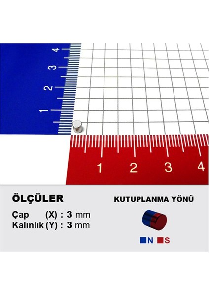 3x3 mm Küçük Yuvarlak Neodyum Mıknatıs Çap: 3 mm, Kalınlık: 3 mm (100'lü Paket)