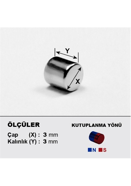 3x3 mm Küçük Yuvarlak Neodyum Mıknatıs Çap: 3 mm, Kalınlık: 3 mm (100'lü Paket)