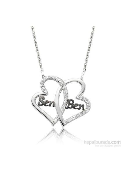 Gümüş Rodyum Sen Ben İki Kalp Kolye 432859