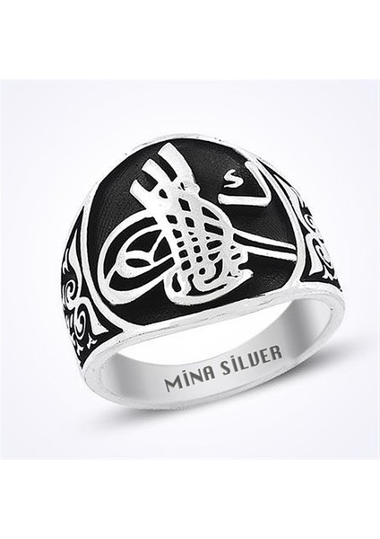 Osmanlı Tuğralı Siyah Renk Taşsız Gümüş Erkek Yüzük