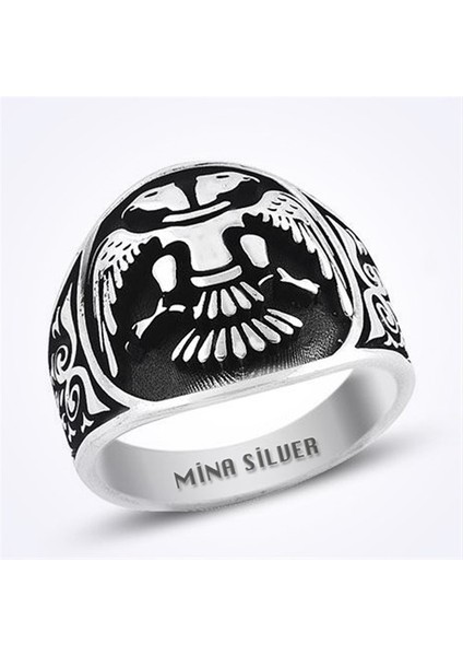 Çift Kartal Selçuklu Taşsız Gümüş Erkek Yüzük