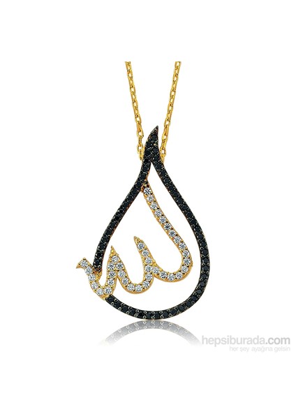 Bayan Lili Gümüş Altın Kaplama Allah Yazılı Damla Kolye