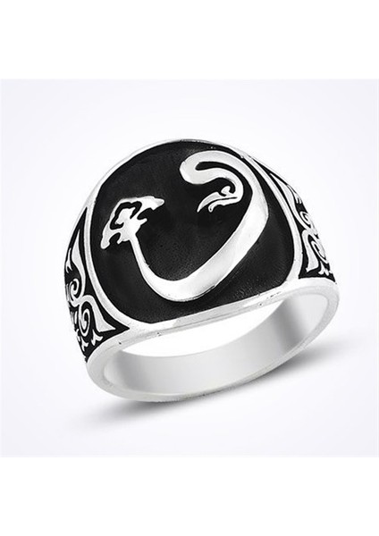 Arapça Vav Siyah Taşsız Gümüş Erkek Yüzük