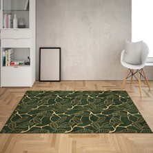 Bona Fortuna Gold Yaprak Desenli Dijital Baskı Yıkanabilir Kaymaz Taban Klasik Salon Halısı Yeşil