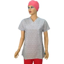 Emel Tekstil Doktor Hemşire Terikoton Kadın Forma Siyah V Yaka Beyaz Desen Uniforma Üst