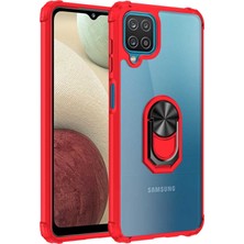 Caseart Samsung Galaxy M12 Kapak Şeffaf Yüzüklü Kenar Korumalı Standlı Kılıf Kırmızı