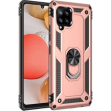 Case World Samsung Galaxy M12 Kapak Military Yüzüklü Stantlı Panzer Tank Kılıf Rose Gold