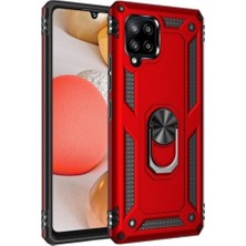 Case World Samsung Galaxy M12 Kapak Military Yüzüklü Stantlı Panzer Tank Kılıf Kırmızı
