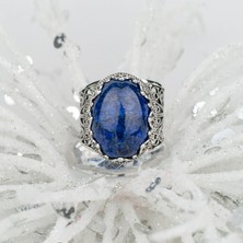 Filigran Silver 925 Ayar Gümüş Otantik El Işi Telkari Doğal Oval Lapis Lazuli Taşlı Kadın Yüzük