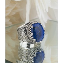 Filigran Silver 925 Ayar Gümüş Otantik El Işi Telkari Doğal Oval Lapis Lazuli Taşlı Kadın Yüzük