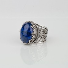 Filigran Silver 925 Ayar Gümüş Otantik El Işi Telkari Doğal Oval Lapis Lazuli Taşlı Kadın Yüzük