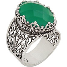 Filigran Silver 925 Ayar Gümüş Otantik El Işi Telkari Doğal Oval Yeşil Agat Taşlı Kadın Yüzük