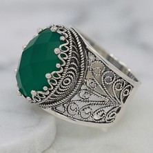 Filigran Silver 925 Ayar Gümüş Otantik El Işi Telkari Doğal Oval Yeşil Agat Taşlı Kadın Yüzük