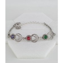Filigran Silver 925 Ayar Gümüş Otantik El Işçiliği Telkari Doğal Safir ve Ruby Taşlı Kadın Bileklik