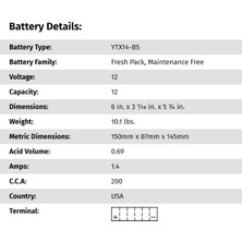 Yuasa YTX14-BS Motosiklet Aküsü Uyum Listesi Açıklamada